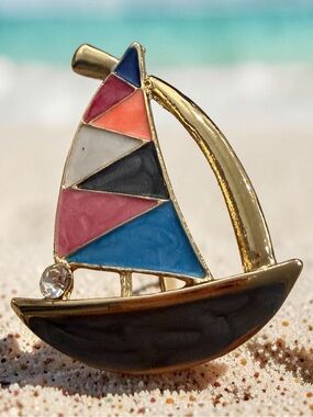 Enamel Sailboat Brooch in Multicolor with Gold Tone